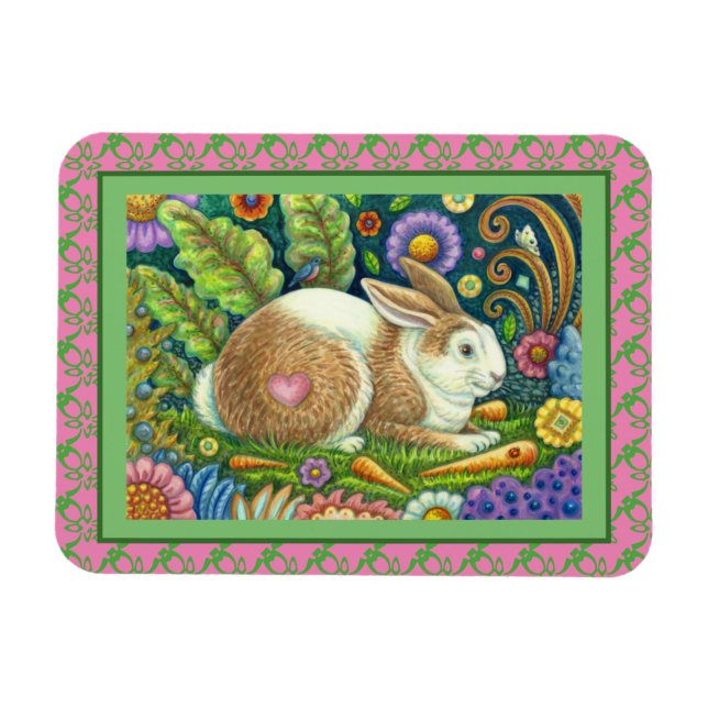 FOLK ART RABBIT & BLUEBIRD IN SECRET GARDEN MAGNET (Horizontal)