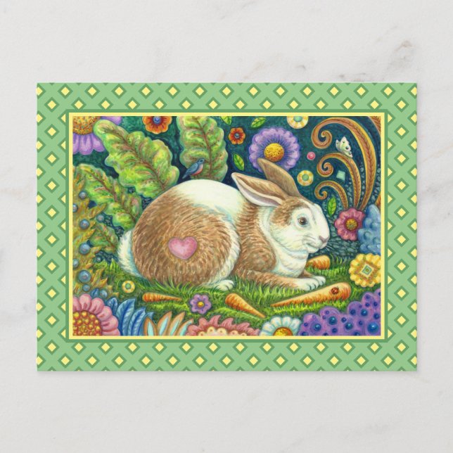 FOLK ART RABBIT & BLUEBIRD IN SECRET GARDEN POSTCARD (Front)