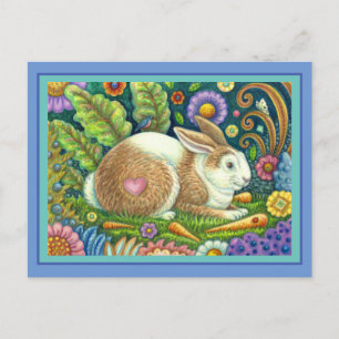 FOLK ART RABBIT & BLUEBIRD IN SECRET GARDEN POSTCARD