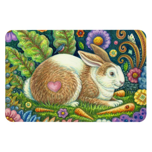 FOLK ART RABBIT, BLUEBIRD, WHIMSICAL SECRET GARDEN MAGNET (Horizontal)