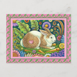 FOLK ART RABBIT, BLUEBIRD, WHIMSICAL SECRET GARDEN POSTCARD