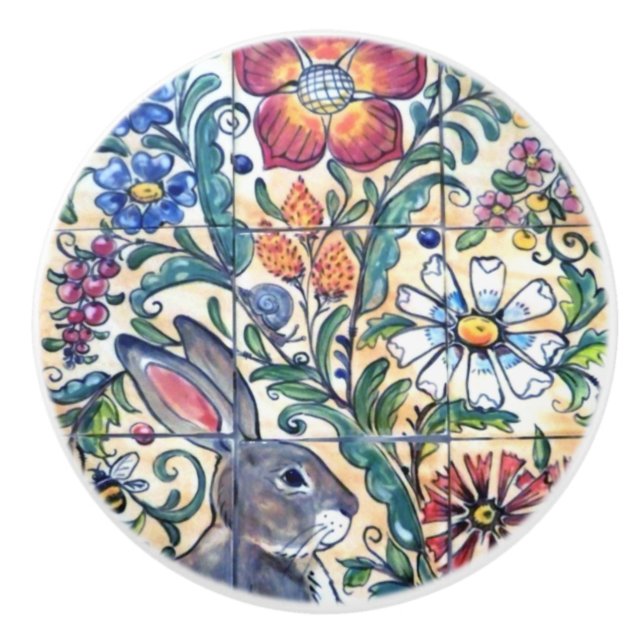 Folk Art Rabbit Floral Tile Colourful Southwest   Ceramic Knob (Front)