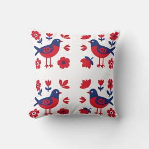 Folk Art Red Blue Bird Floral Pattern Cushion