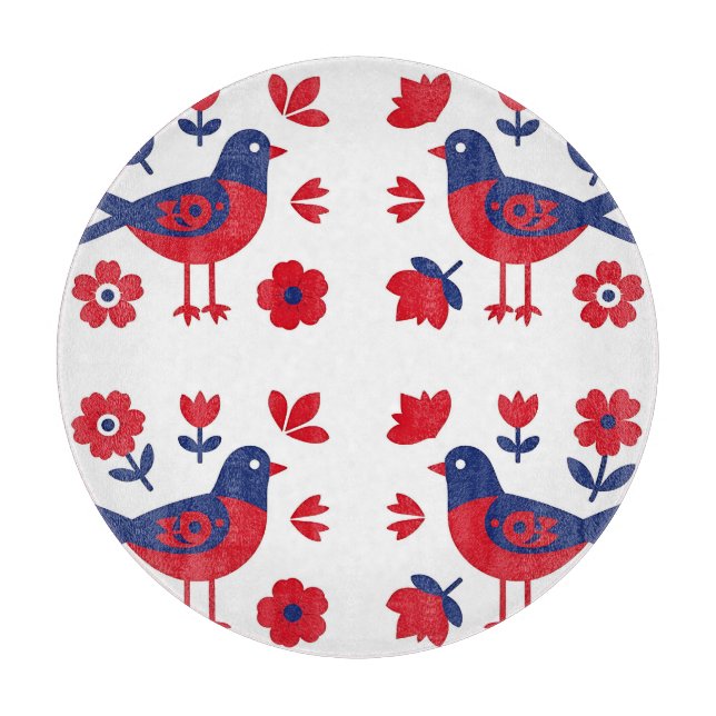 Folk Art Red Blue Bird Floral Pattern Cutting Board (Front)