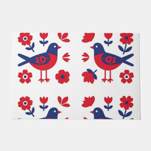 Folk Art Red Blue Bird Floral Pattern Doormat