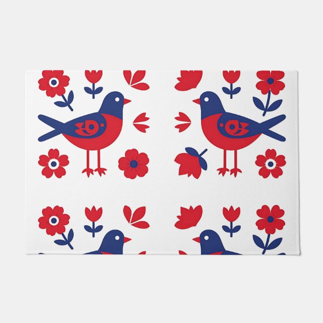 Folk Art Red Blue Bird Floral Pattern Doormat (Front)