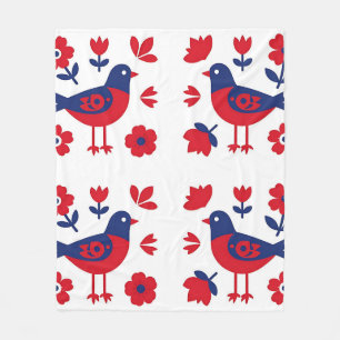 Folk Art Red Blue Bird Floral Pattern Fleece Blanket