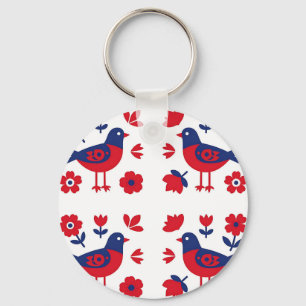 Folk Art Red Blue Bird Floral Pattern Key Ring