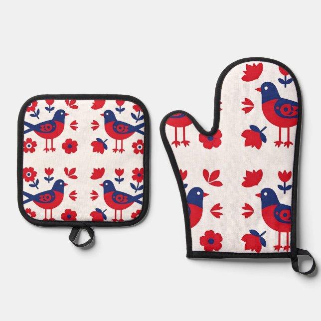 Folk Art Red Blue Bird Floral Pattern Oven Mitt & Pot Holder Set (Front)