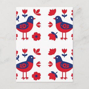 Folk Art Red Blue Bird Floral Pattern Postcard