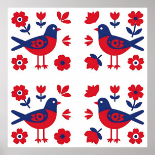 Folk Art Red Blue Bird Floral Pattern Poster