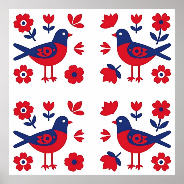 Folk Art Red Blue Bird Floral Pattern Poster (Front)