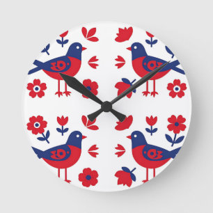 Folk Art Red Blue Bird Floral Pattern Round Clock
