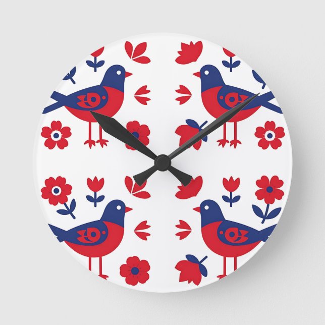 Folk Art Red Blue Bird Floral Pattern Round Clock (Front)