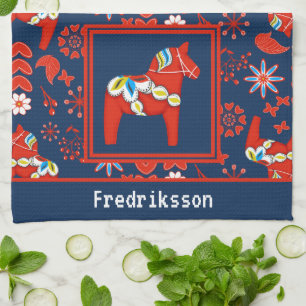 Folk Art Red Floral Dala Horse Tea Towel