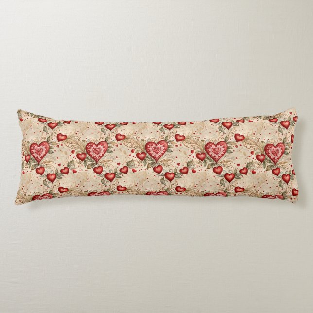 Folk Art Red Hearts Body Cushion (Front)