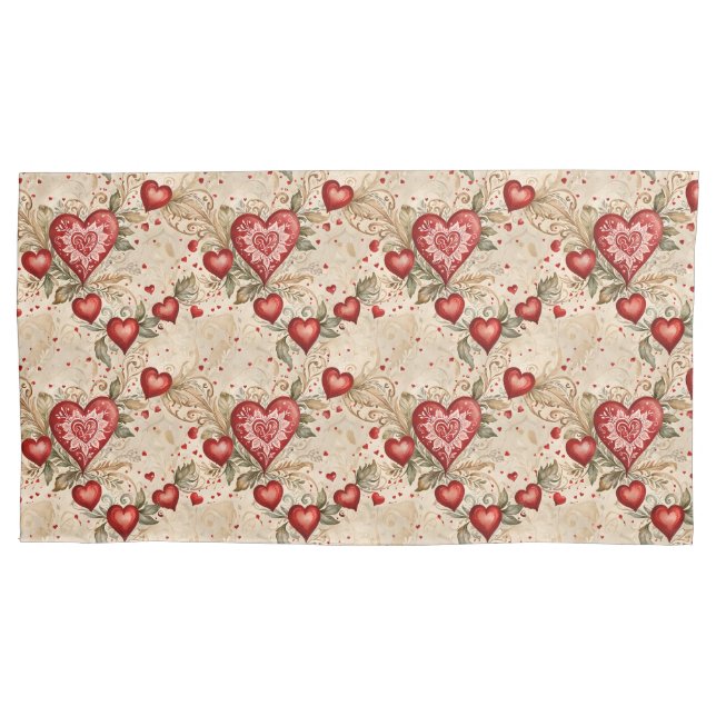 Folk Art Red Hearts Pillowcase (Front)