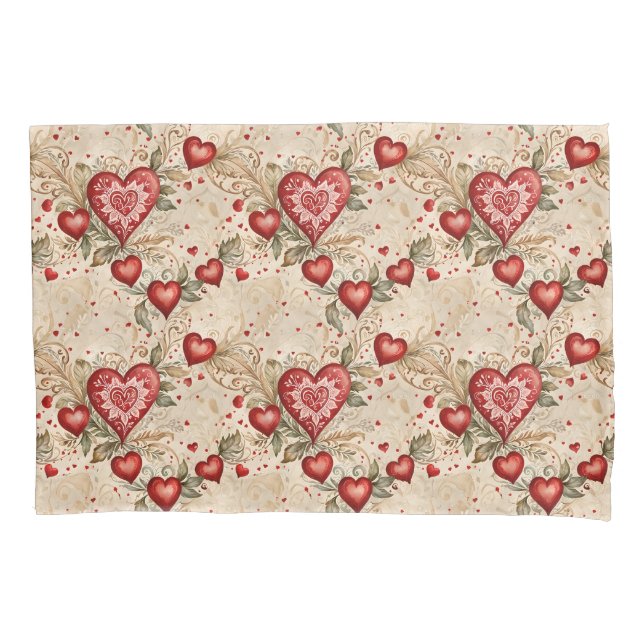 Folk Art Red Hearts Pillowcase (Front)