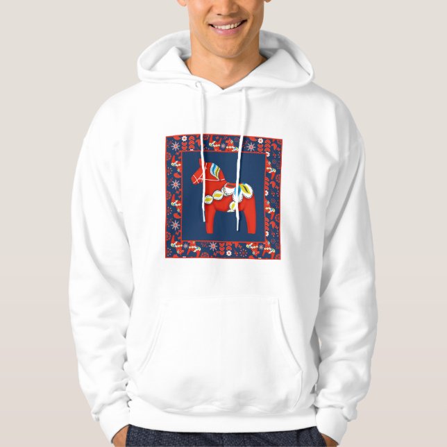 Folk Art Red Swedish Dala Horse and Pattern Hoodie (Front)