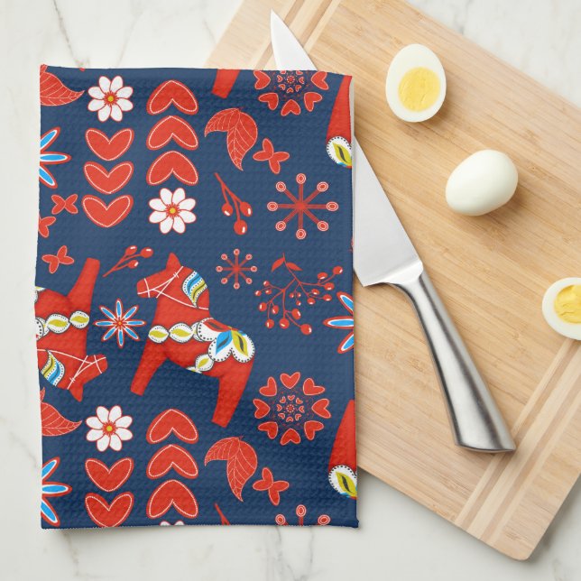 Folk Art Red Swedish Dala Horse Floral On Blue Tea Towel (Quarter Fold)