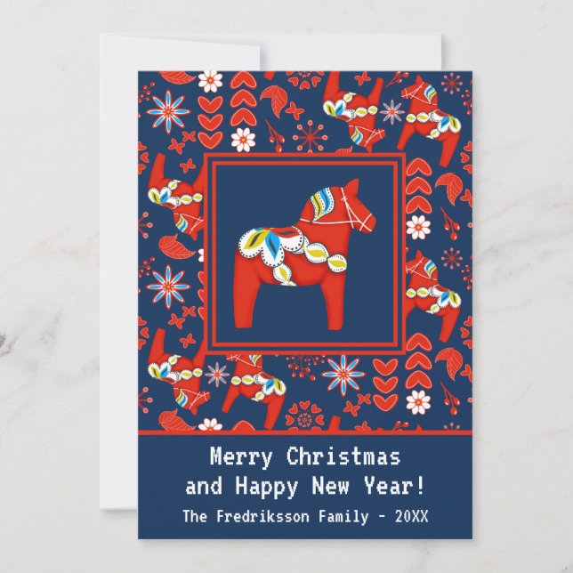 Folk Art Red Swedish Dala Horse Folk Art Pattern  Holiday Card (Front)