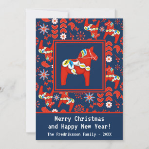 Folk Art Red Swedish Dala Horse Folk Art Pattern  Holiday Card