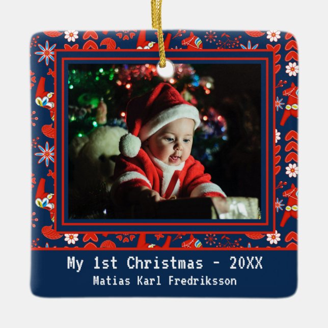 Folk Art Red Swedish Dala Horse My 1st Christmas Ceramic Ornament (Front)