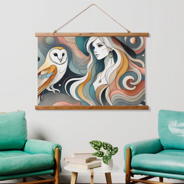 Folk Art Retro Owl and Boho Witch  Hanging Tapestry (Living Room)
