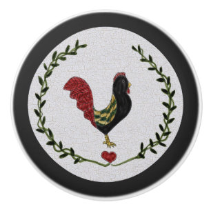Folk Art Rooster and Heart Garland Ceramic Knob