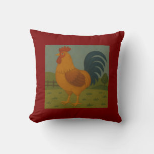 Folk Art Rooster – Rustic Country Chicken Illustra Cushion