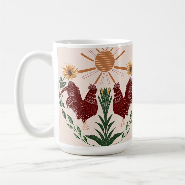 Folk Art Rooster Sunshine Symmetrical Design Coffee Mug (Left)