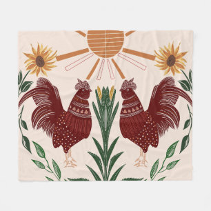Folk Art Rooster Sunshine Symmetrical Design Fleece Blanket