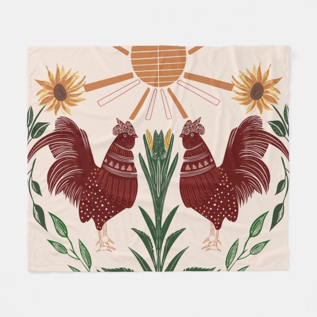 Folk Art Rooster Sunshine Symmetrical Design Fleece Blanket (Front (Horizontal))