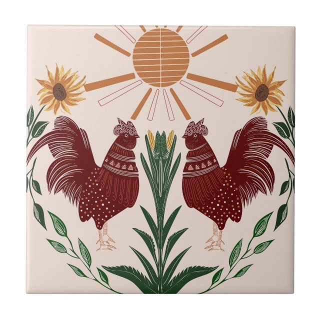 Folk Art Rooster Sunshine Symmetrical Design Tile (Front)