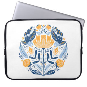 Folk art round ornament with birds,roses,and flowe laptop sleeve
