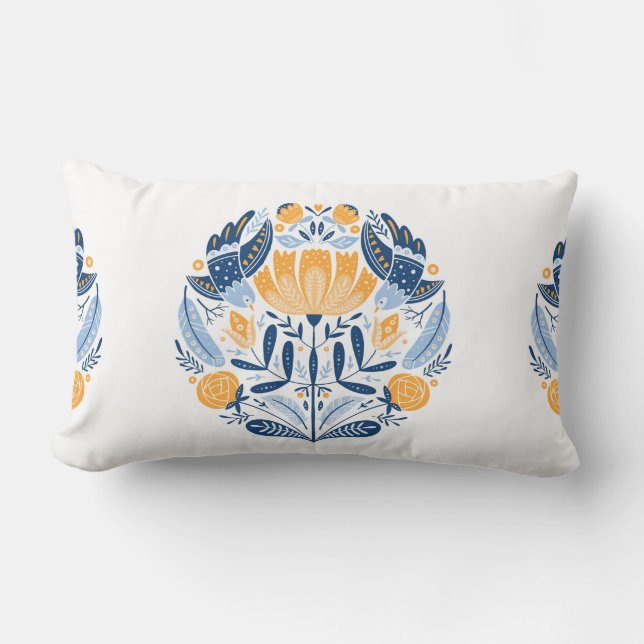 Folk art round ornament with birds,roses,and flowe lumbar cushion (Front)