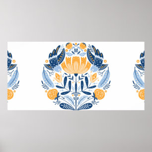 Folk art round ornament with birds,roses,and flowe poster