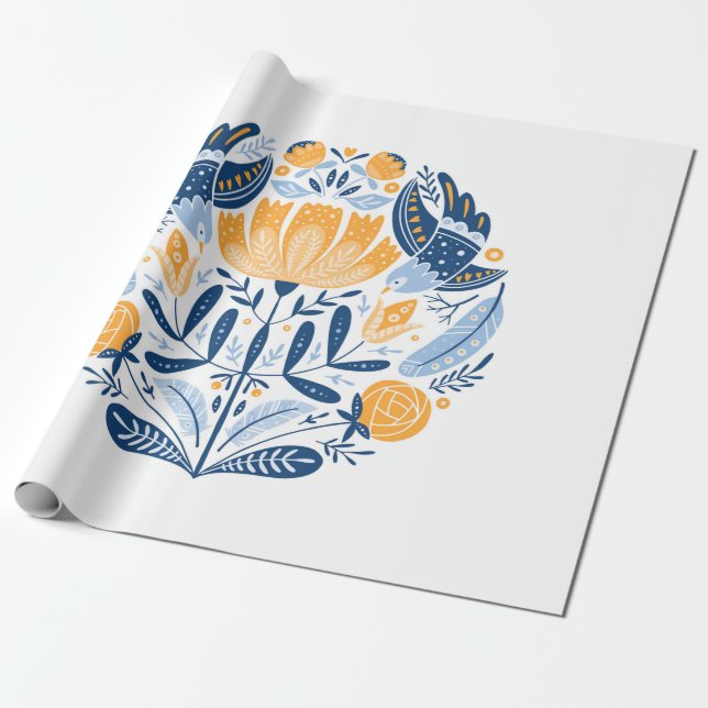 Folk art round ornament with birds,roses,and flowe wrapping paper (Unrolled)