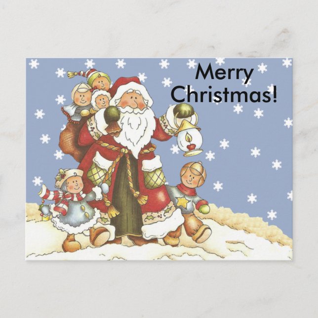 Folk Art Santa Kids Christmas Snowflakes Holiday Postcard (Front)