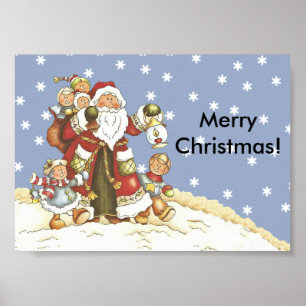 Folk Art Santa Kids Christmas Snowflakes Poster