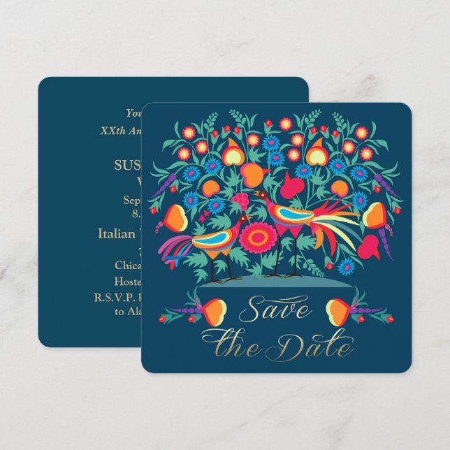 Folk Art Save the Date Wedding Anniversary Card (Front/Back)