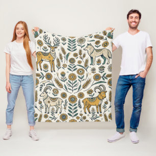 Folk Art Scandinavian Deer Wolf Forest Blanket