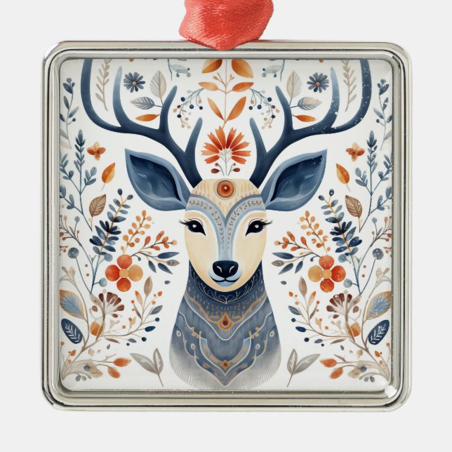 Folk Art Scandiniavian Reindeer Christmas Metal Tree Decoration (Front)