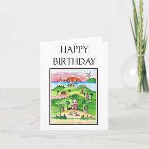 Folk Art, Seaside, Village, Birthday Card