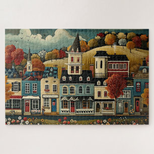 Folk Art Small Town Street in Autumn Jigsaw Puzzle