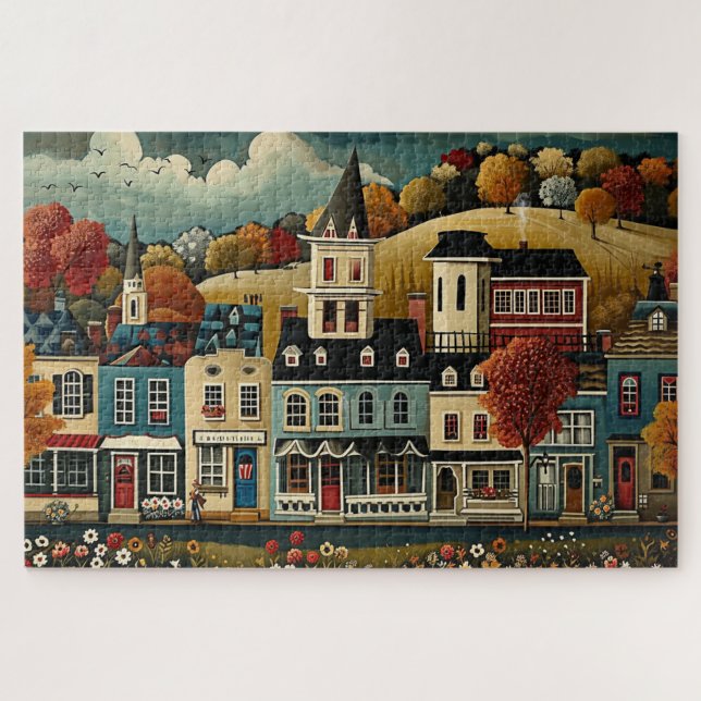 Folk Art Small Town Street in Autumn Jigsaw Puzzle (Horizontal)