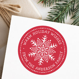 Folk art snowflake warm winter wishes red classic round sticker