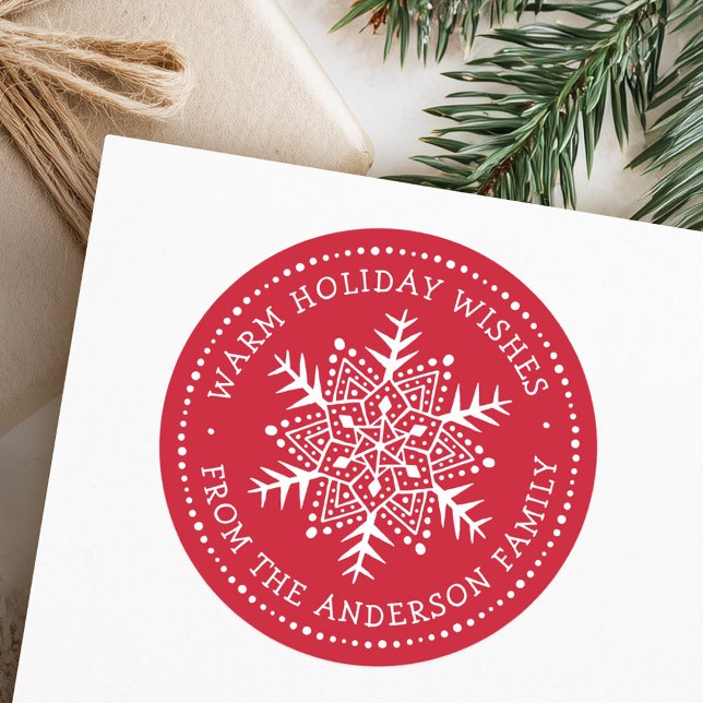 Folk art snowflake warm winter wishes red classic round sticker (Folk art snowflake warm winter wishes red classic round sticker)