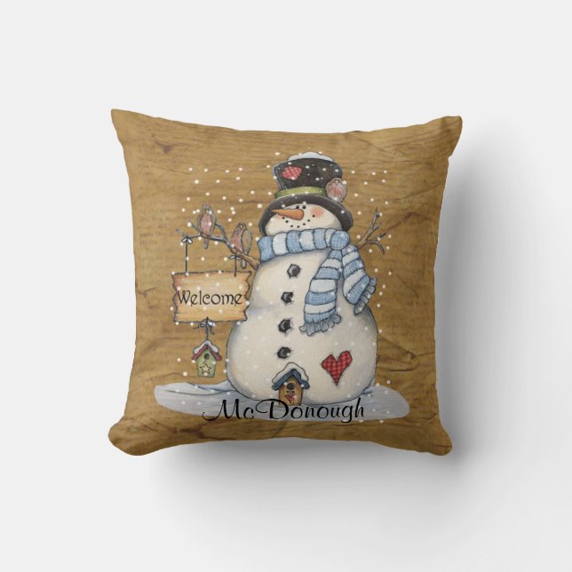 Folk Art Snowman on Old Newspaper Cushion (Front)
