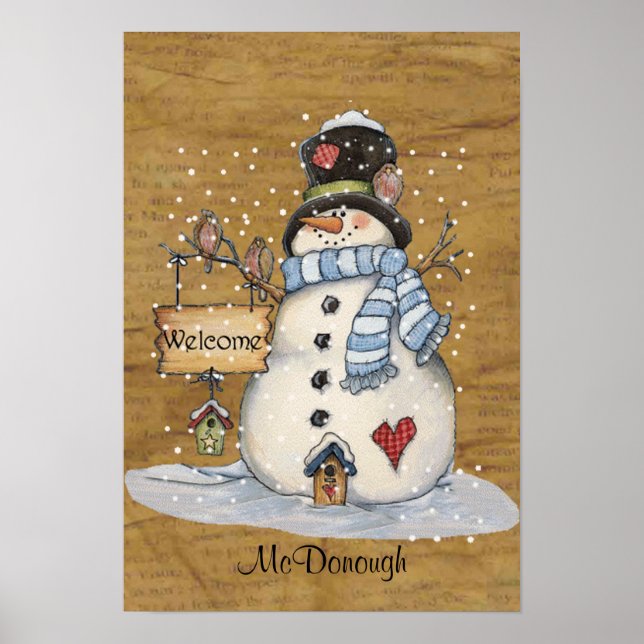 Folk Art Snowman on Old Newspaper Poster (Front)